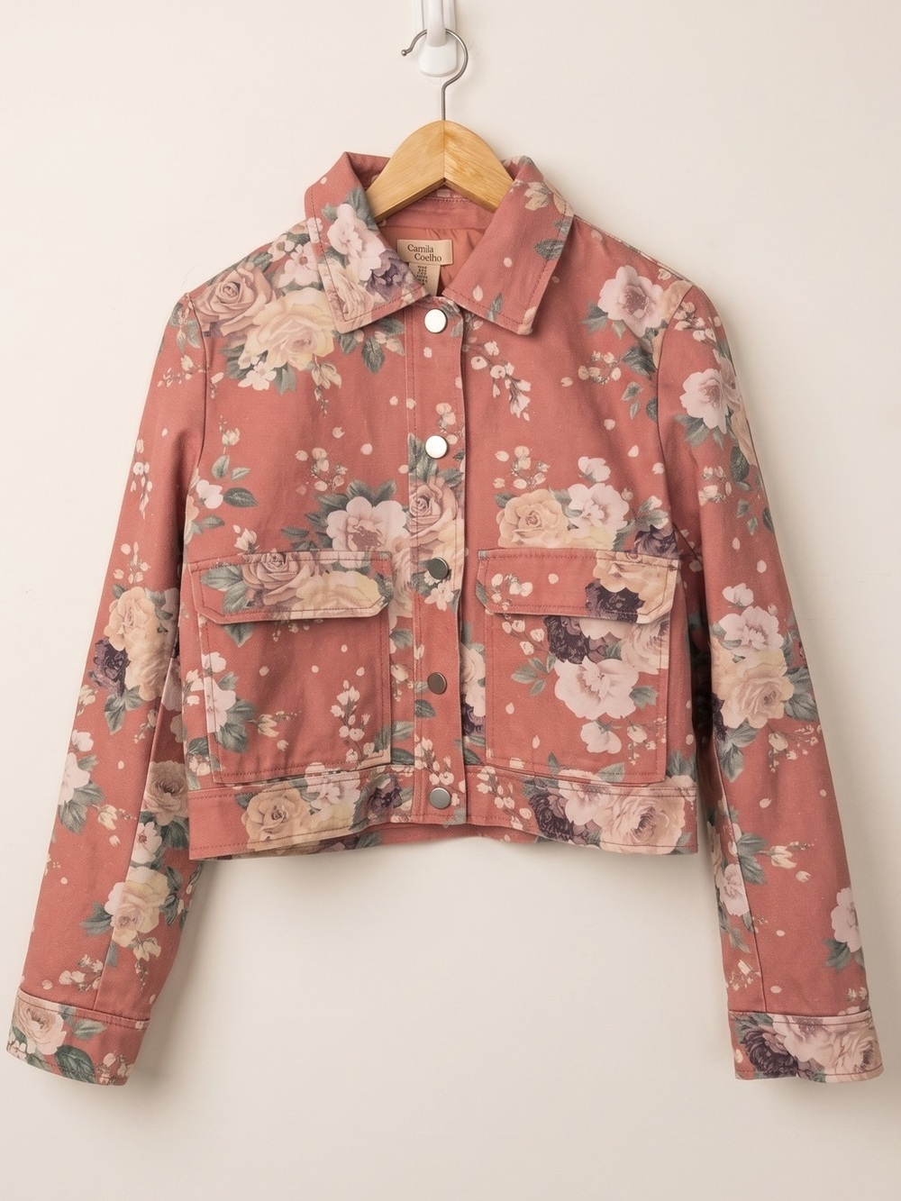 REVOLVE x Camila Coelho Rose Pink Floral Cropped Denim Jacket NWT Sz 4